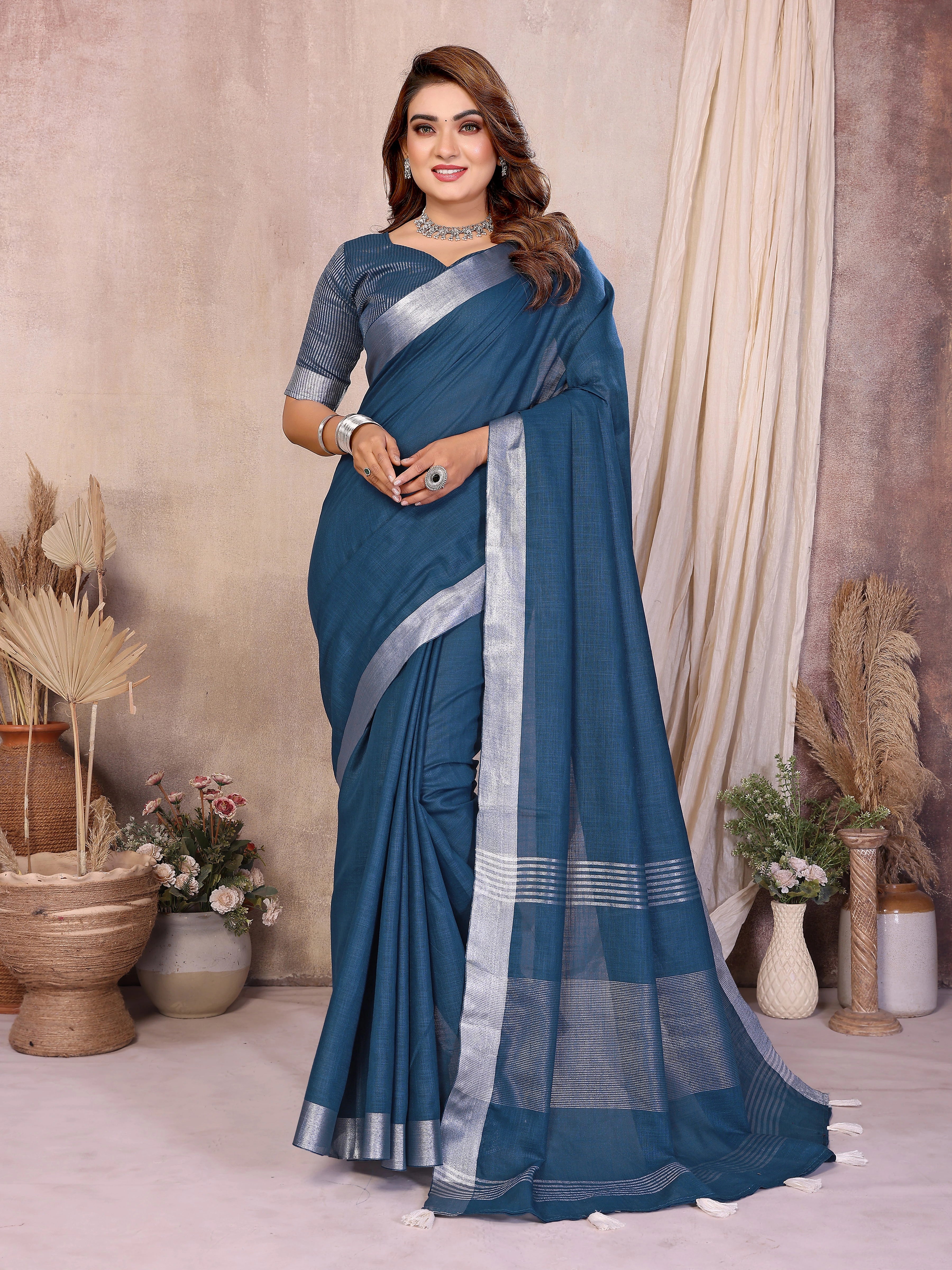 Blue Zari Border Soft Linen Cotton Saree – Kalyanja